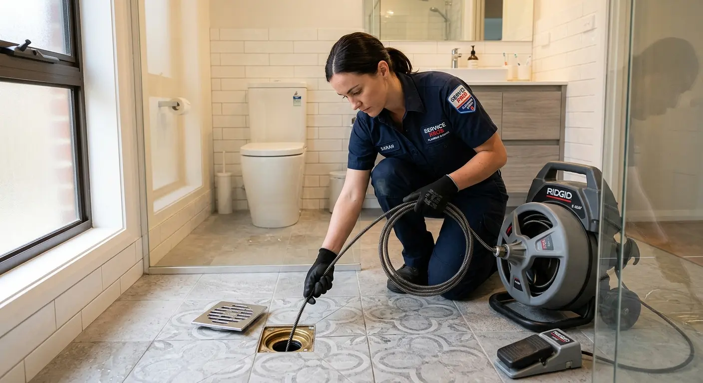Technician clearing a bathroom floor drain for Sewer Line Installation in Bloomington